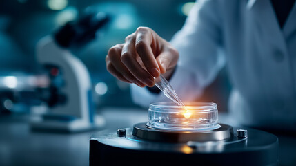 Faceless scientist centrifuging samples in benchtop microcentrifuge defocused spinning rotor blur background sample preparation phase separation pelleting cells procedure with