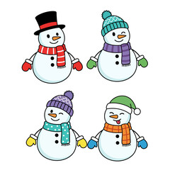 Charming Snowman Collection Featuring Four Distinct Characters Dressed in Winter Attire and Accessories