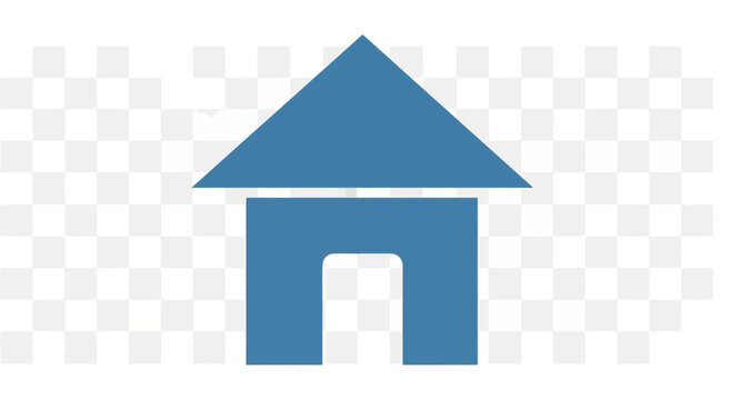Simple blue house icon with a pointed roof and an open doorway, representing home or property.