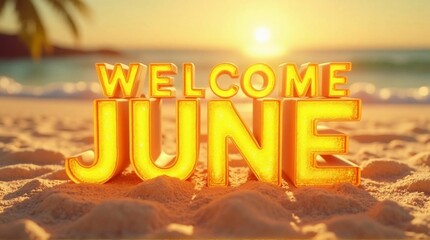 Welcome June Golden 3D Letters on Beach Sand with Sunset Light