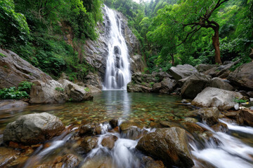 Obraz premium Tropical waterfall cascades into a clear rocky pool