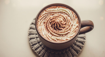 Delicious hot chocolate with whipped cream and cocoa powder on knitted coaster warm drink