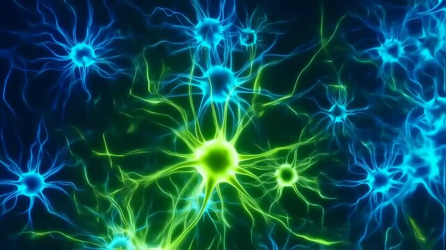 Abstract depiction of neurons with glowing, bioluminescent structures