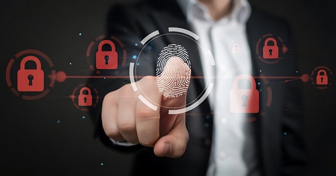 Businessman touching digital fingerprint scanning symbol representing cybersecurity data protection identity verification and secure access technology for modern business network safety. fingerprint