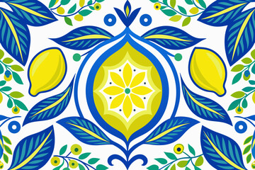 Seamless Lemon Pattern with Blue Ribbon and Leaves – Citrus Fruit Decorative Design