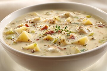 Creamy potato soup served in a white bowl with herbs and diced vegetables showcased during a cozy meal in autumn