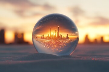 Beautiful city skyline reflected in a glass sphere during sunset over a sandy landscape