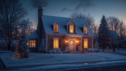 Charming Snow-Covered Suburban House Aglow with Warm Lights at Dusk