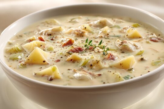 Creamy potato soup served in a white bowl with herbs and diced vegetables showcased during a cozy meal in autumn