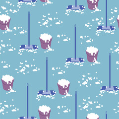 Vector seamless pattern with cleaning items on a blue background. Drawing for packaging, business cards and wallpapers with bright objects. Image of a bucket and brushes