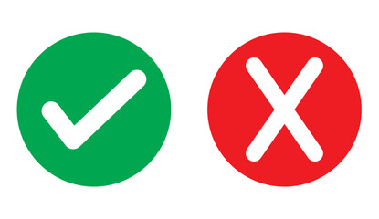 Check mark and X mark icon. Checkmark and x mark icon for apps and websites. Green and red check mark icon on transparent background. Vector illustration
