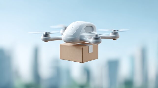 White delivery drone flying high in a blue sky carrying a cardboard package, symbolizing efficient, fast, and modern shipping and urban smart logistics