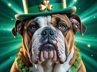 Charming Bulldog dons a festive green leprechaun hat and shamrock garland, radiating St. Patrick's Day joy and luck with sparkling background effects
