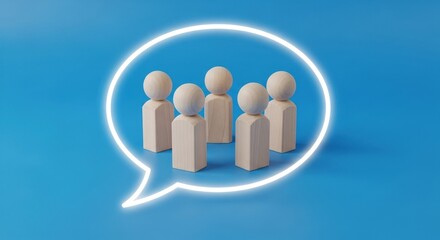 Wooden figures inside a glowing speech bubble on blue.