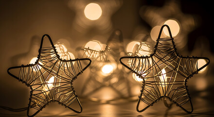 Warm Golden Light Star Decorations and Bokeh Background