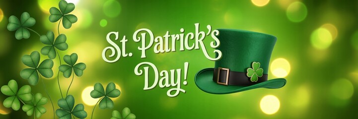 Vibrant St. Patrick's Day celebration with festive green hat, clover leaves, and glowing bokeh lights, perfect for festive promotions and greetings.