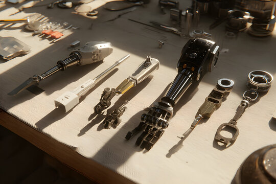 Detailed view of robotics tools and components on a workspace table in a bright workshop setting