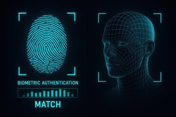 Biometric authentication interface featuring a fingerprint and a 3D model of a human head. Concept of security, technology, and identity verification in digital environments.