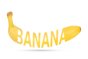 Modern yellow fruit design - banana word art with realistic peel texture.