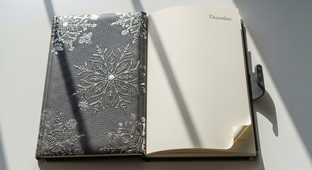 Elegant December Journal Planner with Silver Snowflake Design for Winter Season Planning and Organization