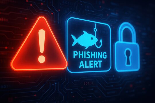 Digital warning icons depicting phishing alerts, emphasizing cybersecurity awareness and protection against online threats. Concept of internet safety, vigilance, and data security.