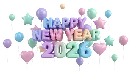 Happy new year 2026 celebration with colorful balloons and star shapes on a black background