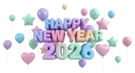 Happy new year 2026 celebration with colorful balloons and star shapes on a black background