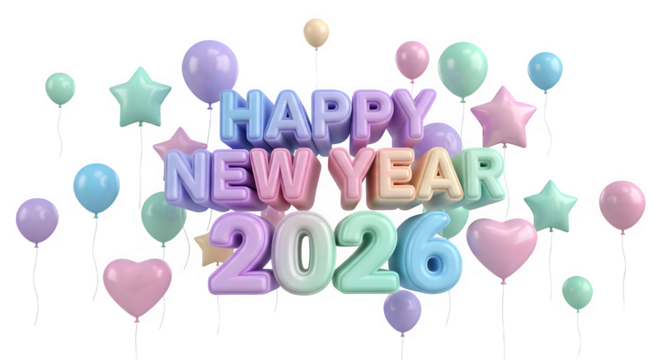 Happy new year 2026 celebration with colorful balloons and star shapes on a black background