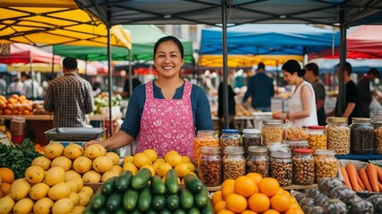 Smiling female vendor presents fresh produce and jarred snacks at a bustling outdoor market on a vibrant sunny day. - Powered by Adobe