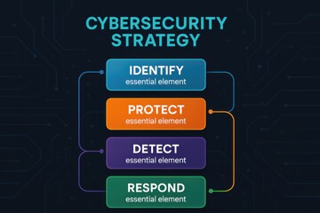 Cybersecurity strategy flowchart illustrating key elements: identify, protect, detect, respond. Concept of digital safety, risk management, and proactive defense mechanisms in technology.