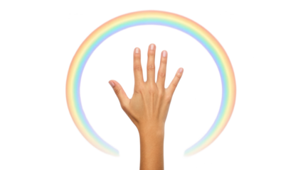 Human hand reaching up under a vibrant colorful rainbow archway isolated on white background