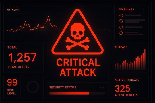 Cybersecurity dashboard displaying a critical attack alert with risk metrics and active threats. Concept of digital security, threat monitoring, and risk management in technology.