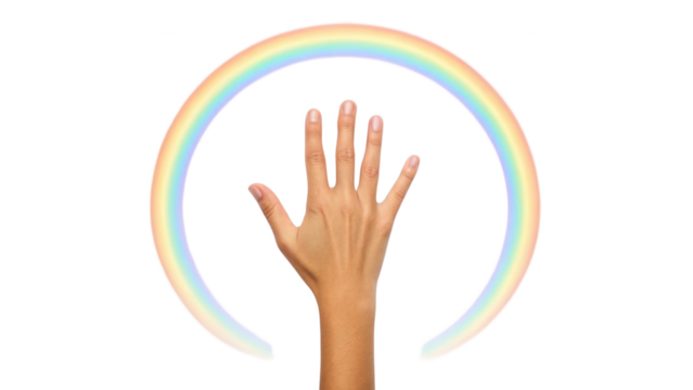 Human hand reaching up under a vibrant colorful rainbow archway isolated on white background