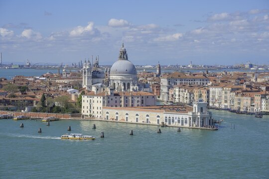 View from the tower of the church of San Giorgio Maggiore to the church of Santa Maria della Salute, Venice, Metropolitan City of Venice, Italy