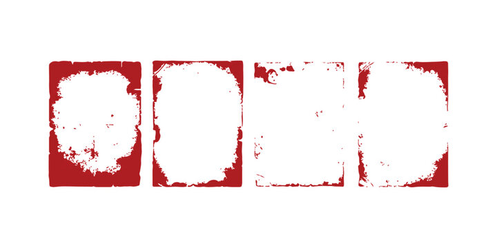 Set of four distressed red grunge borders, rustic frame graphics, isolated on white background