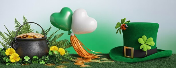Discover magical St. Patrick's Day treasures with a pot of gold, festive balloons, and a lucky leprechaun hat adorned with shamrocks and a ladybug.