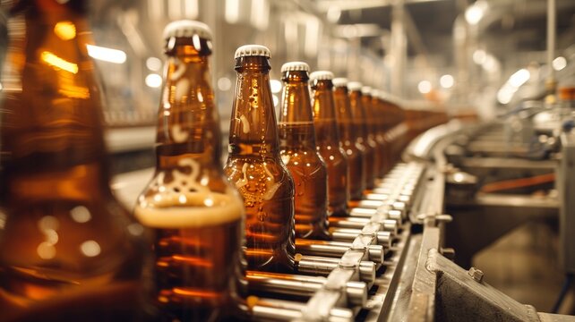 Brown glass beer bottles move along an automated production line in a modern brewery. Industrial background showing beverage manufacturing and bottling process
