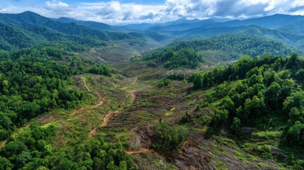Aerial View of Deforested Landscape with Cut Trees, Mountain Range, and Cloudy Sky in Background, Environmental Impact of Logging Activities