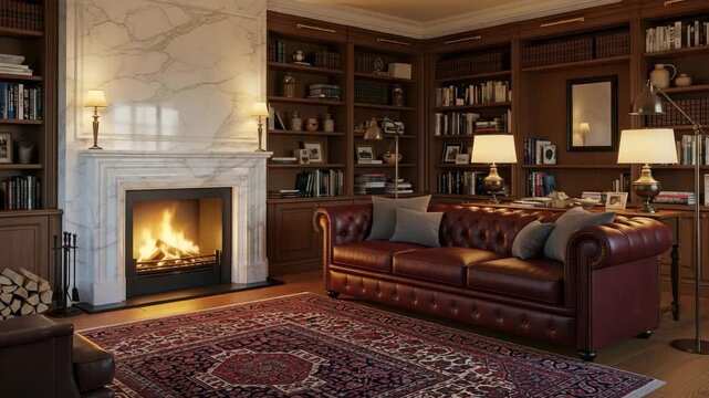 Elegant and classic library with a roaring fireplace and a leather Chesterfield sofa. Luxurious traditional study room interior with dark wood bookshelves and warm, cozy lighting.


