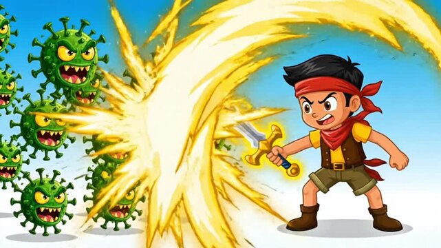 Cartoon Boy Fighting Viral Outbreak with Golden Sword