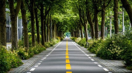 Serene Tree-Lined Pathway with Vibrant Greenery and Bright Yellow Cycling Lane Under a Canopy of Leaves in a City Environment