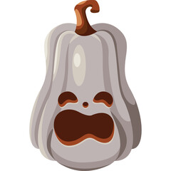 A Spooky Gray Halloween Pumpkin Character with a Frightful Face and Brown Stem on a Transparent Background