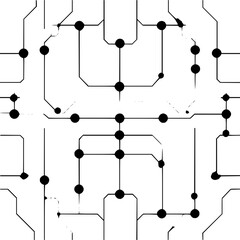 Black circles connected by lines create a circuit like pattern on a white background in an abstract design