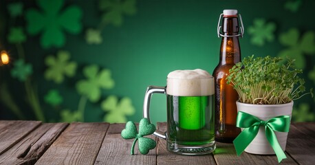Cheers to St. Patrick's Day with frothy green beer, a classic bottle, and fresh sprouts for festive celebration and good luck