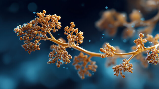 Branching dendritic crystals forming in supersaturated solution faceless crystallization process defocused nucleation sites background protein crystallography structural
