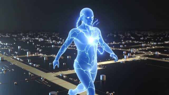 Futuristic blue human figure walking on a circuit board landscape. - Powered by Adobe