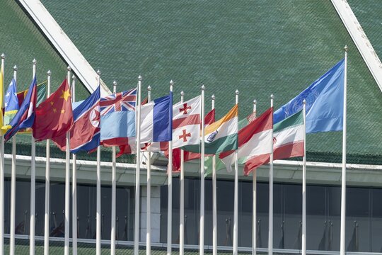 Many flags in front of the United Nations Conference Centre, Bangkok, Thailand