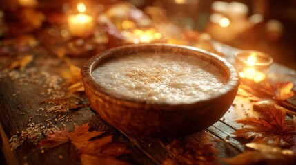 Cozy Autumn Setting with Wooden Bowl of Creamy Porridge Surrounded by Leaves and Candles, Ideal for Warm and Inviting Food Photography