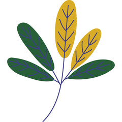 Abstract illustration of a plant stem with green and yellow leaves detailed with blue veins on a transparent background