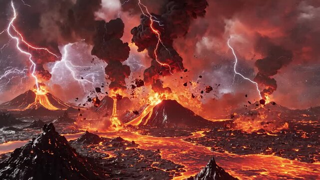 Volcanic Eruption Spewing Lava With Lightning Storm, Apocalypse, Hellscape